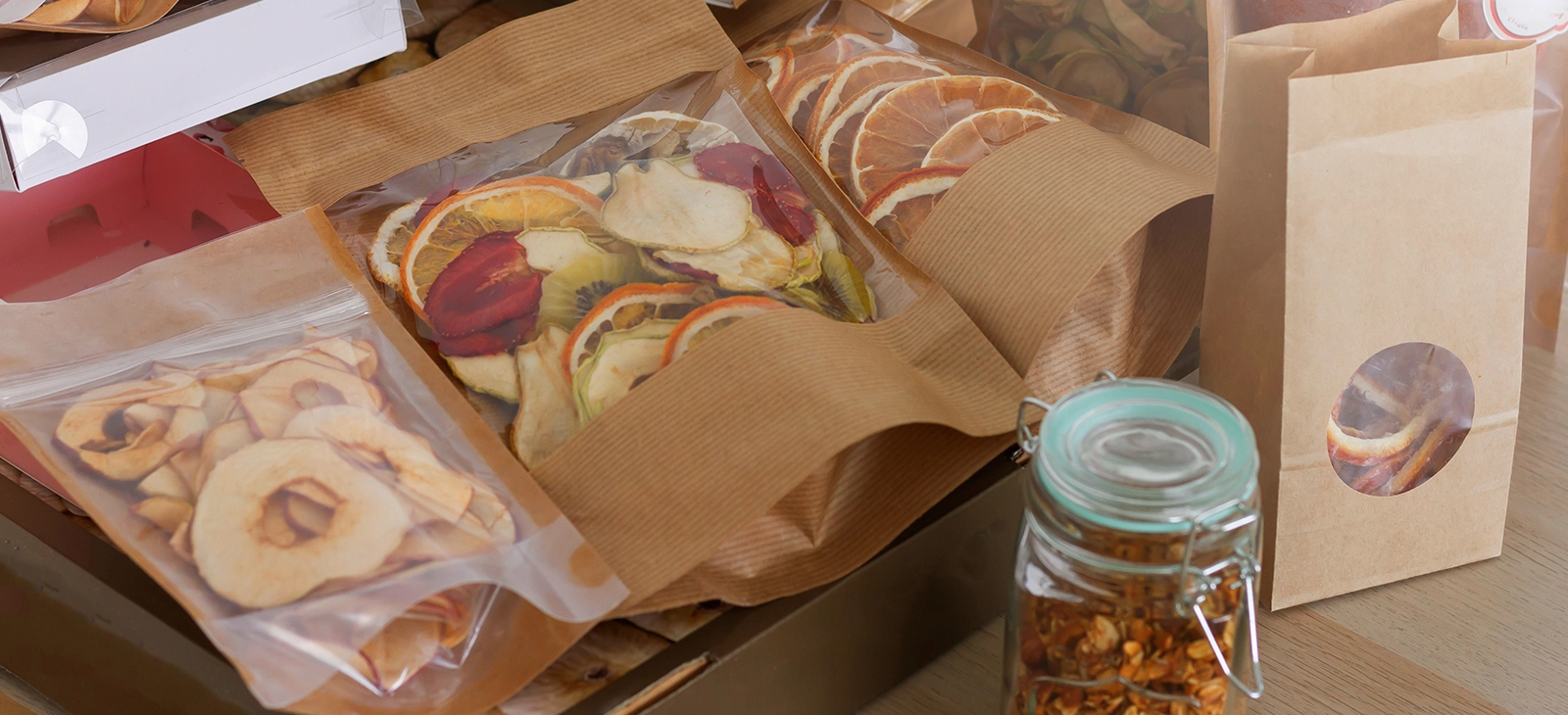 Assorted dried fruits in eco-friendly packaging

