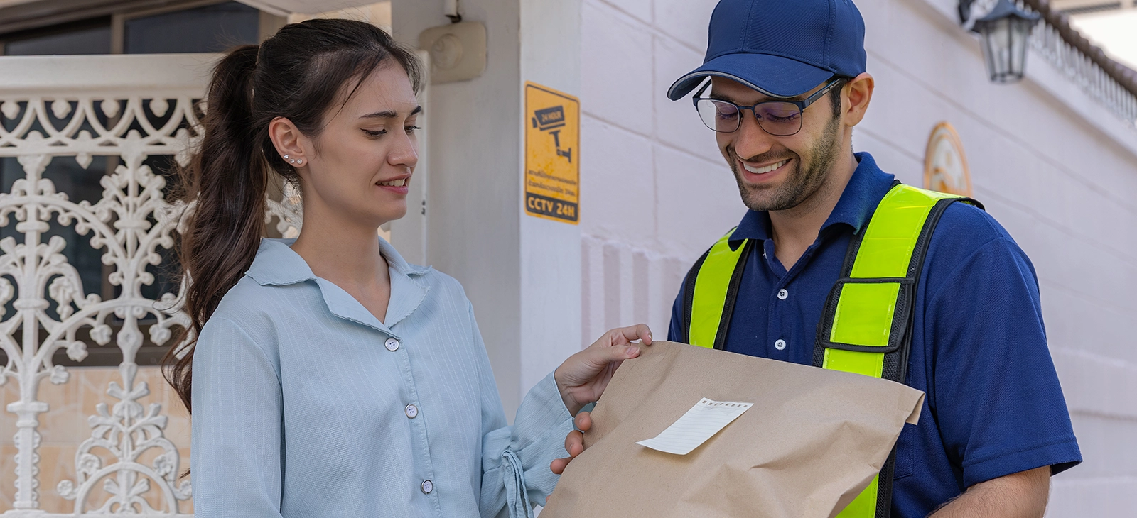 Delivery executive handing a package to a customer