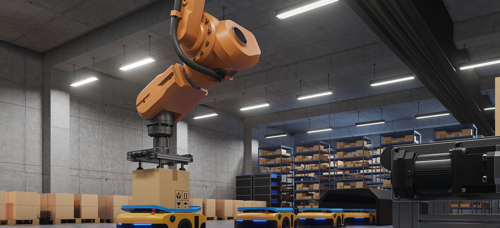 A robotic arm placing a box in a warehouse

