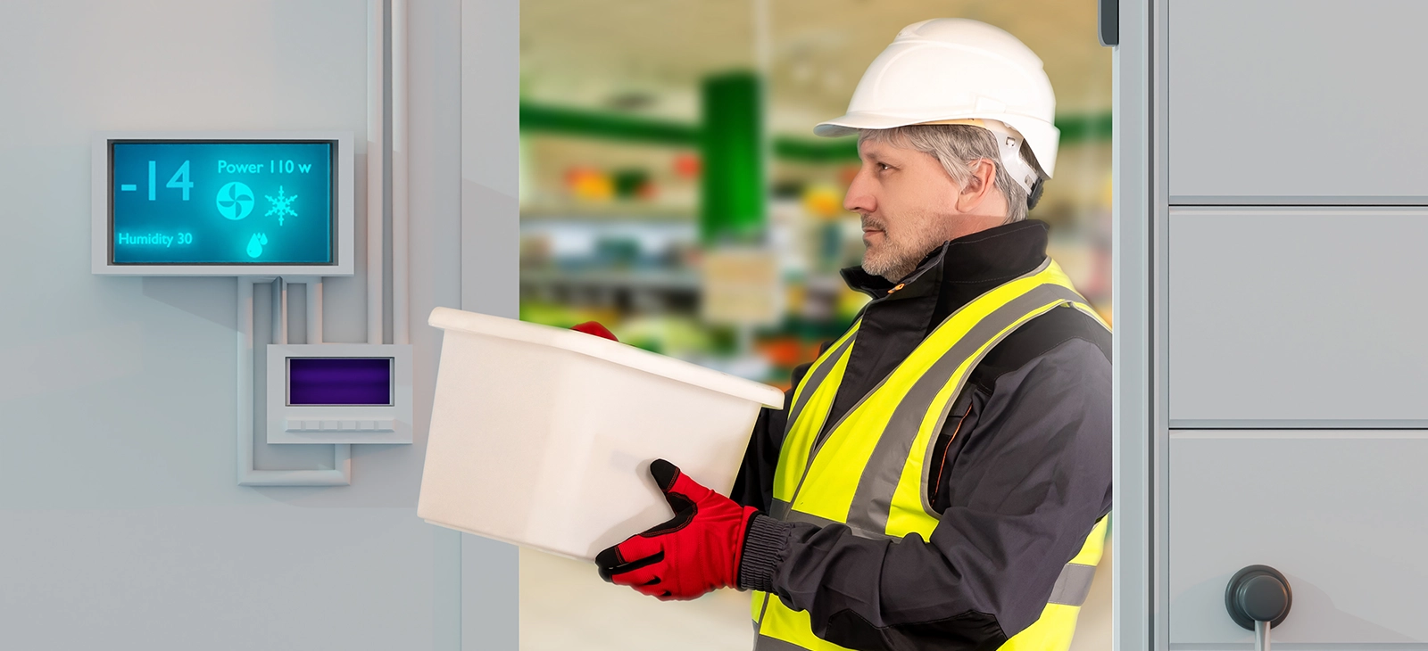 worker with a container, a digital display showing temperature and humidity

