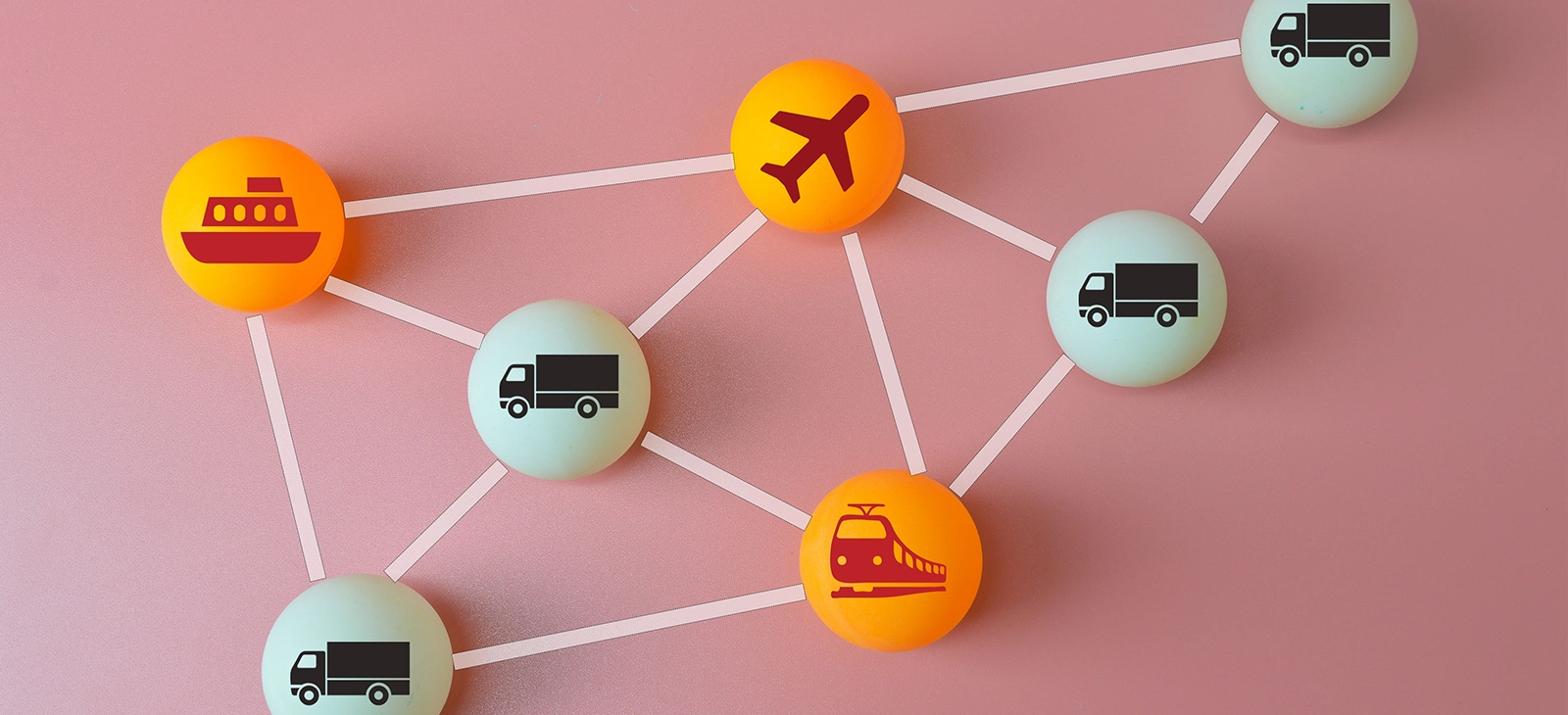 End to end supply chains coordination with connected ship, airplane, truck and train icons

