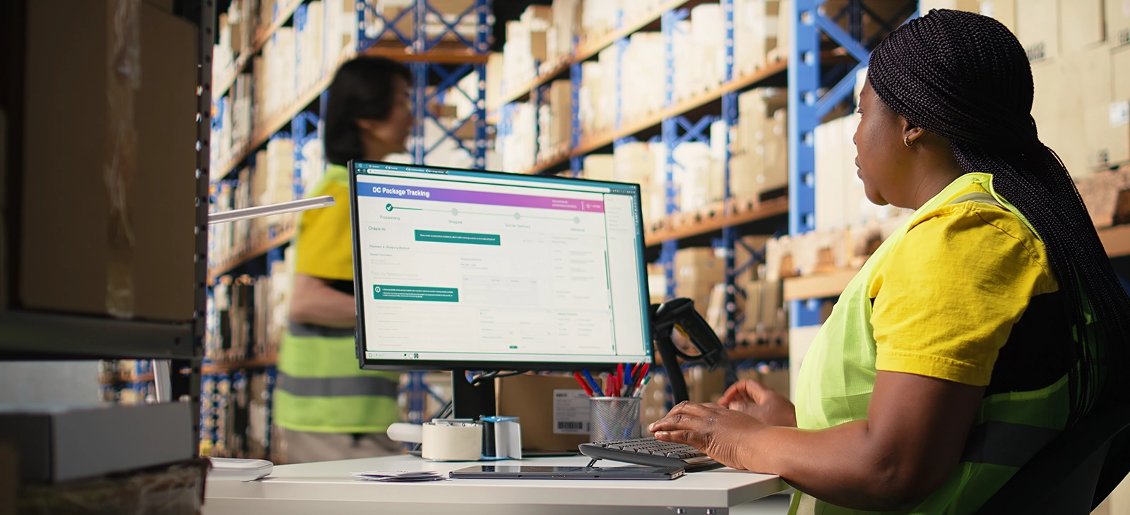 Warehouse worker using a desktop computer in a storage facility with shelves of boxes