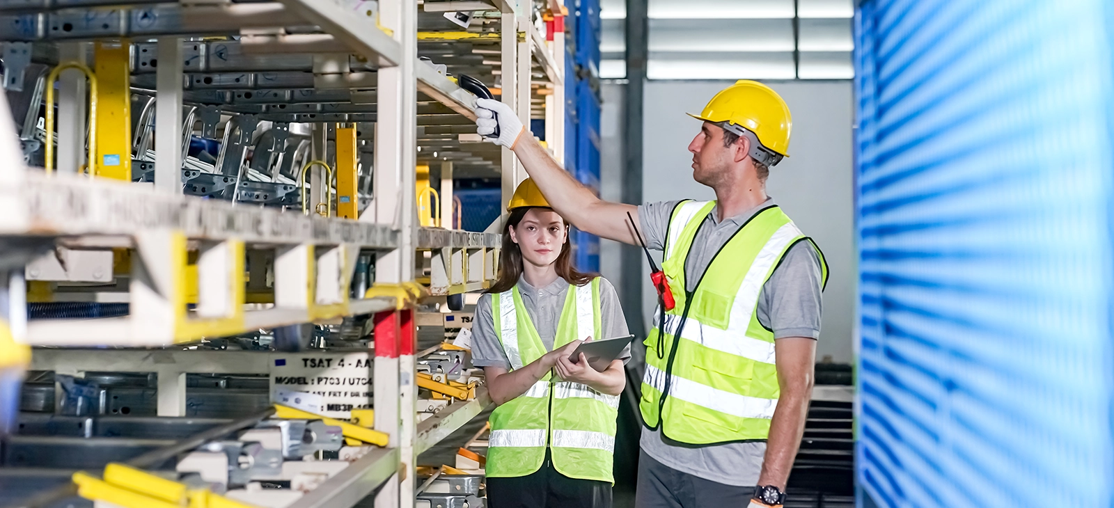 Warehouse workers inspecting inventory shelves

