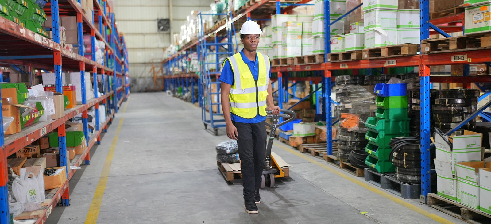Staff operating pallet jack in distribution warehouse

