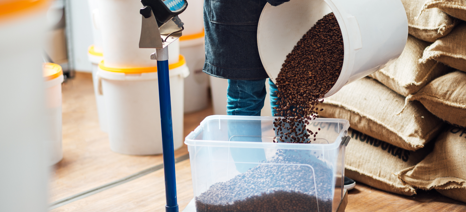 A Worker measuring a weight of roasted coffee beans