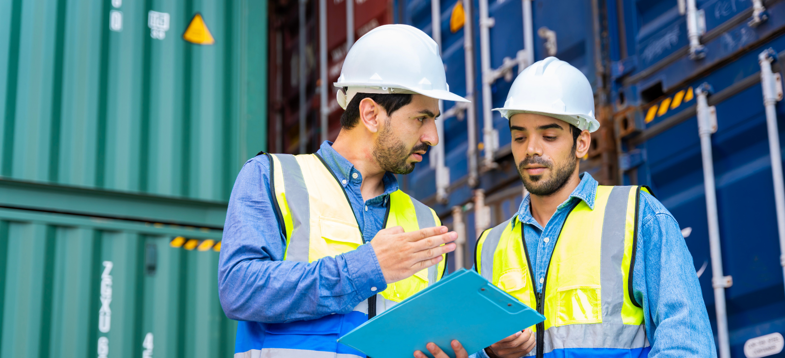 Logistics engineers reviewing container shipment orders at a shipping yard