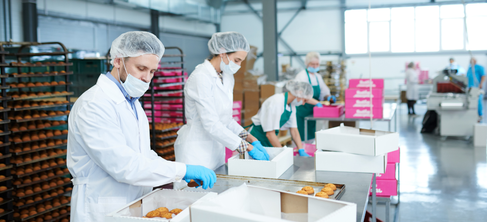 factory employees putting pastry inside boxes
